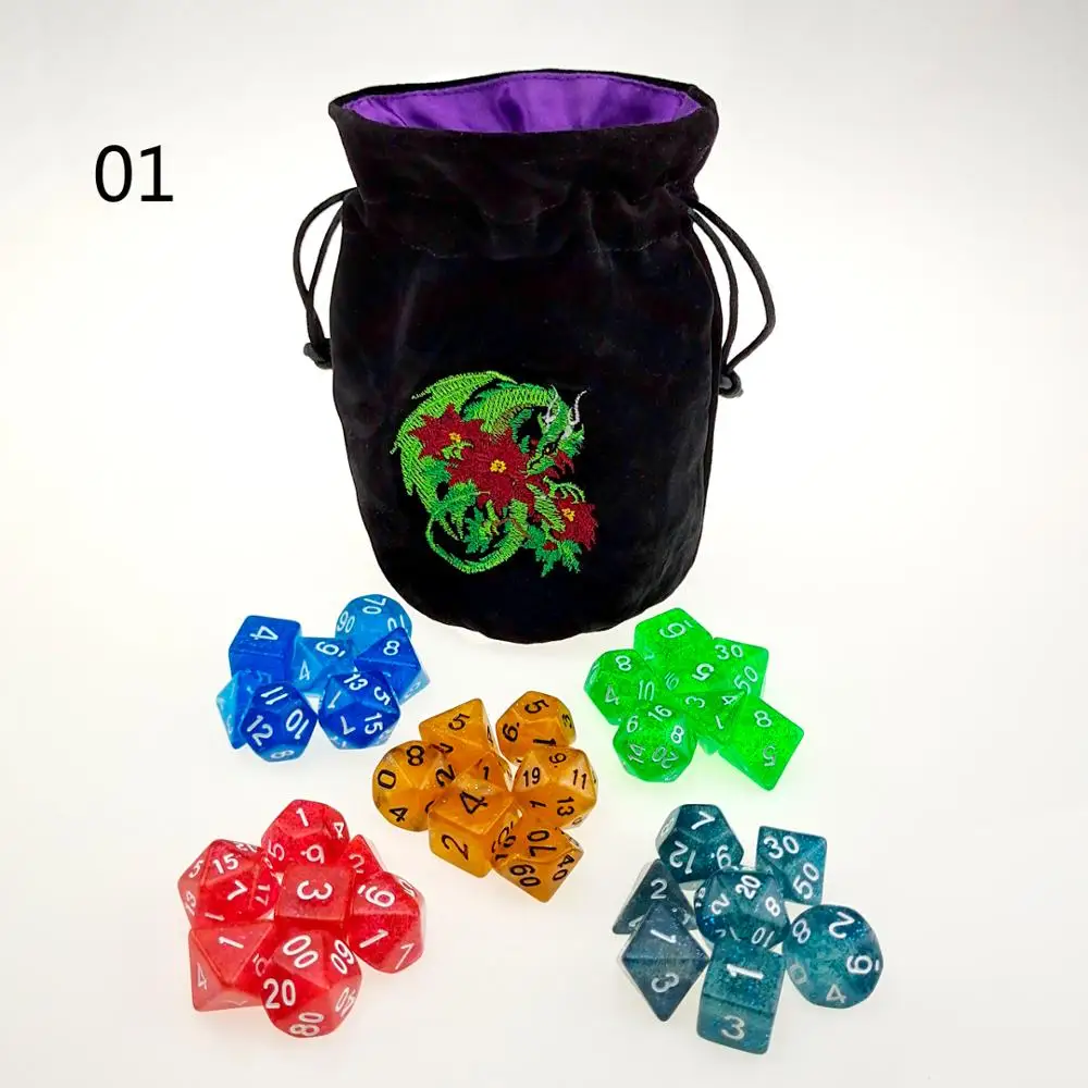 

Rollooo DND Dice Sets 5 Gemini Colors with Green Dragon Embroidery Velvet Bag for Roleplaying Games