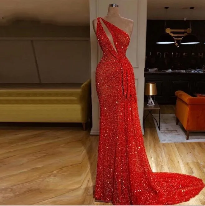

Блестящее сексуальное красное платье на одно плечо для выпускного вечера, длинное платье со шлейфом и блестками, вечерняя одежда, платье дл...