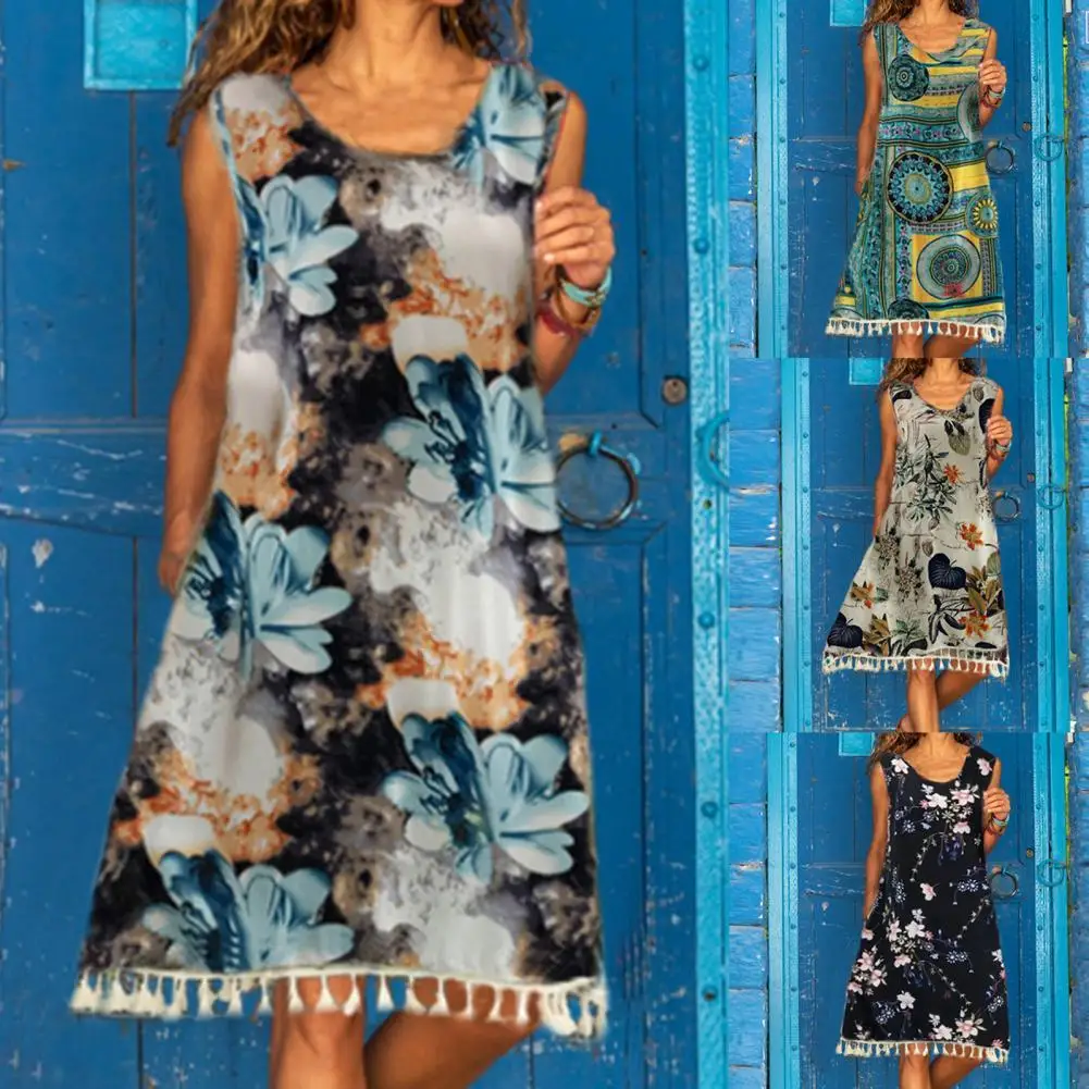 

Thin Popular Sleeveless Tassel Print Beachwear Women Dress Floral Print for Party