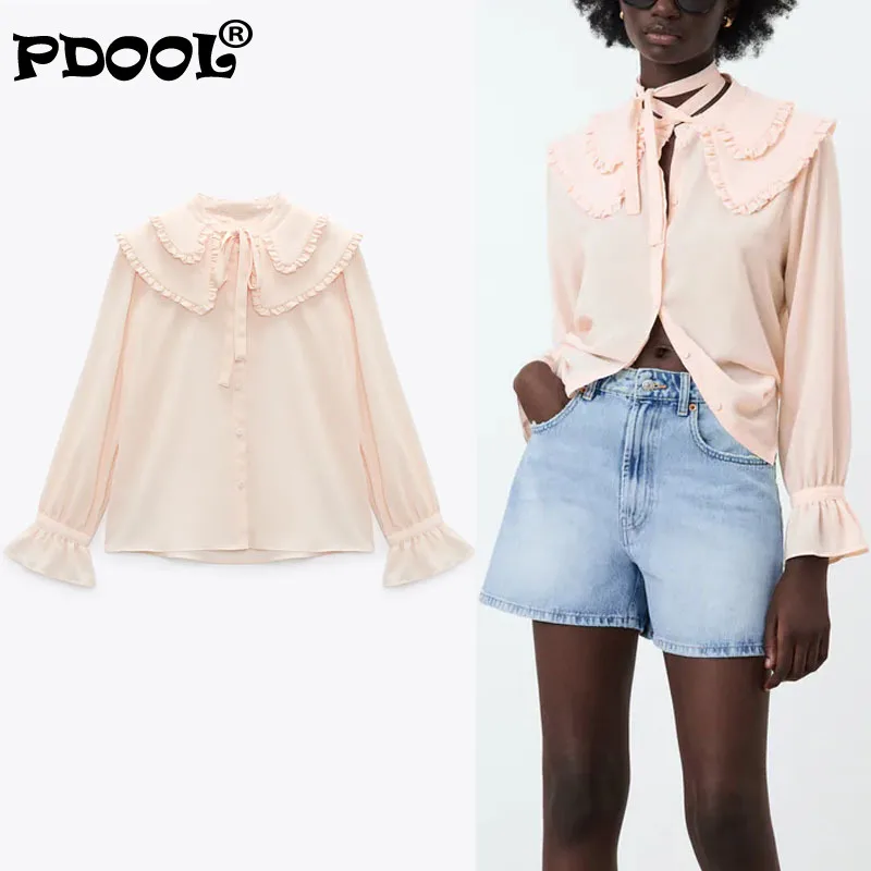 

2022 Pink Elegant Frilly Shirt Women Long Puff Sleeve Double Lapels Ruffle Blouse Female Fashion Button Up Summer Blouses