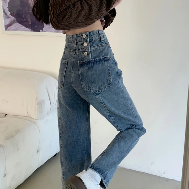 

New Joker straight jeans women's autumn loose high waist slim retro back button design wide leg pants