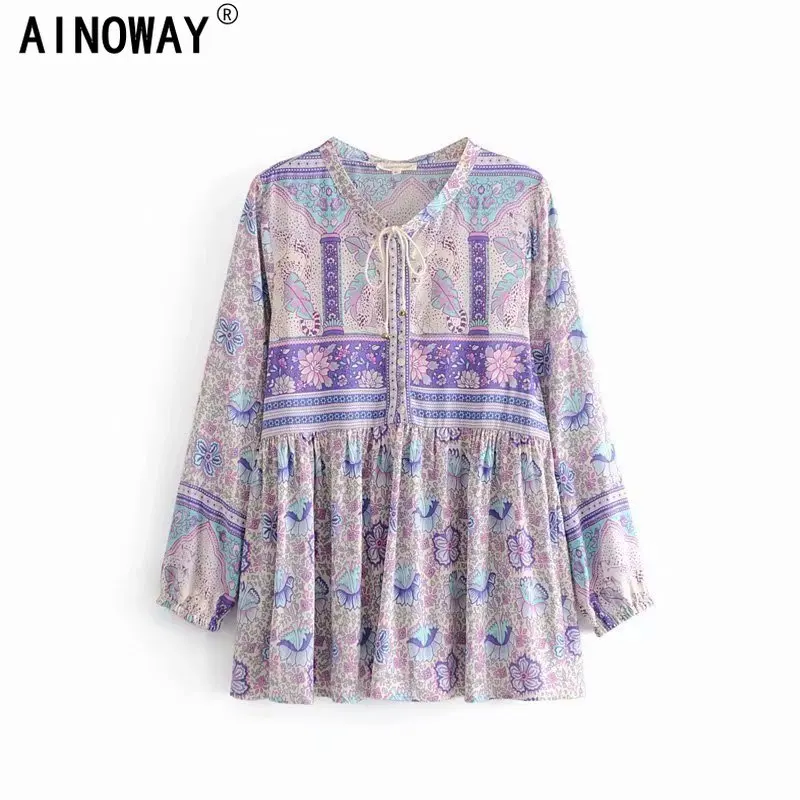 Винтажная шикарная женская фиолетовая рубашка в стиле бохо с цветочным принтом и