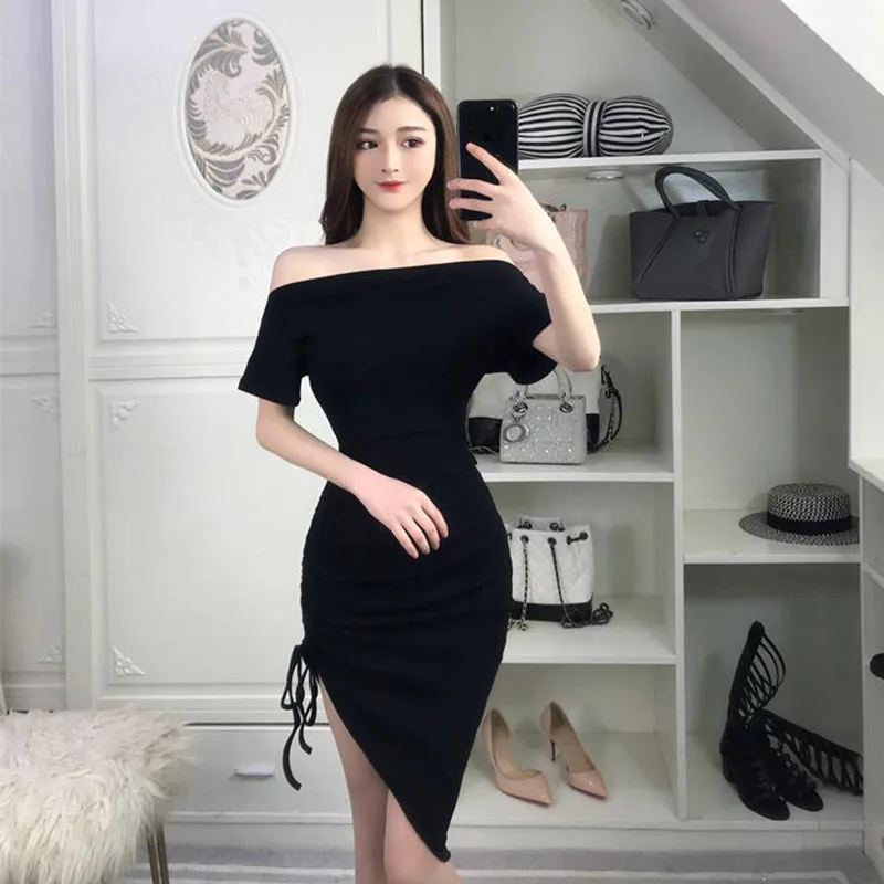 

2019 new fashion temperament word collar sexy waist hem drawstring irregular nightclub dress