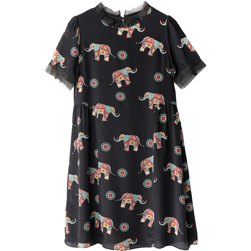 

SuyaDream Woman Print Mini Dress 100%Silk Crepe Short Sleeves O neck A-Line Dresses 2021 Spring Summer Dress Black