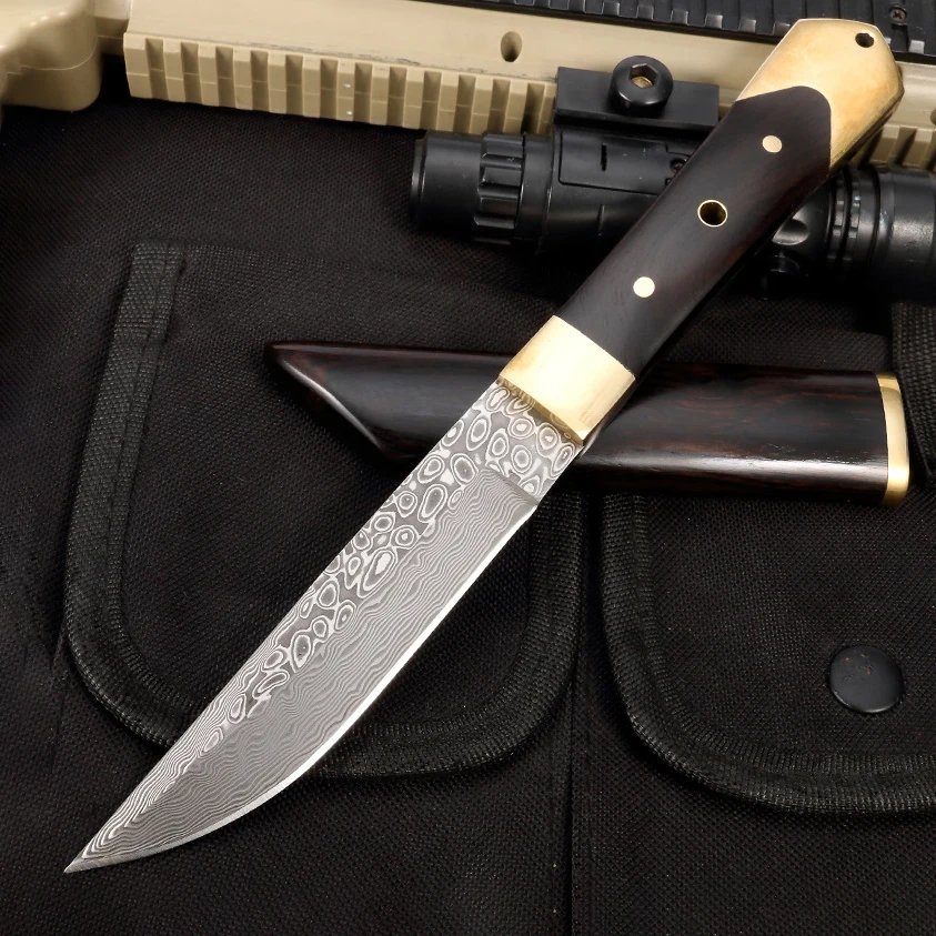 High Quality 67 Layers VG10 Damascus Blade Drop/Tanto Point Ebony Wood Handle Wooden Sheath Outdoor Hunting Knife Gift EDC Tool