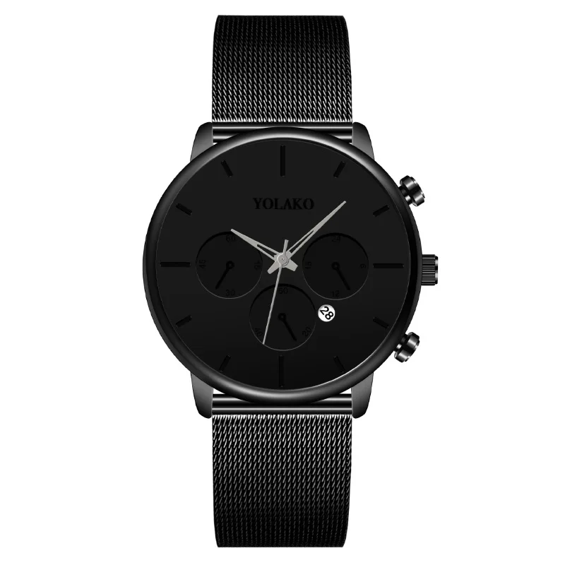 

Simple Mens Wrist Watch Business Three Eyes Black Alloy Mesh Strap Calendar Quartz Watch Reloj Hombre Watch For Men Wristwatches