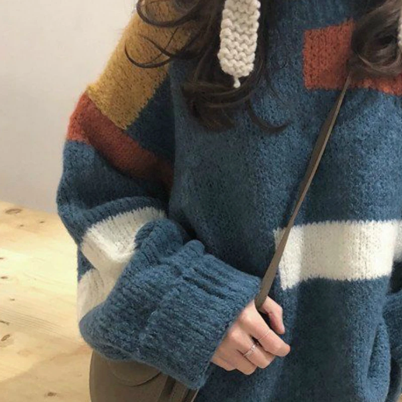 

Winter Women Patchwork Pullovers Long Sleeve Sweaters Fall Female Fashion All-match O-Neck Sweet Knitwear Korean Blue Streetwear