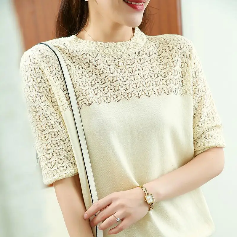 

Thin hollow round neck loose stripe women's short sleeve knitted pullover women's spring 2020