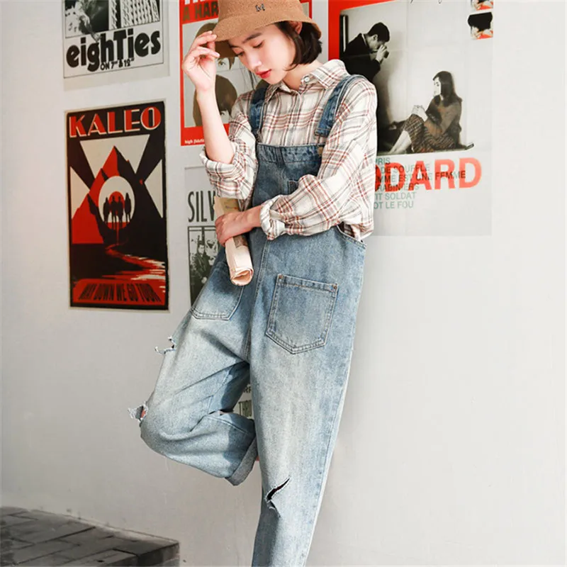 Женский джинсовый комбинезон свободные джинсовые комбинезоны с тонкими дырками