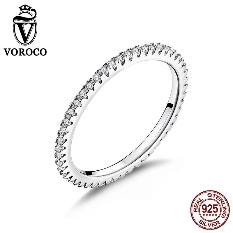 Voroco настоящий 925 пробы Серебряный Простой дизайн круглое обручальное кольцо блестящее прозрачное CZ Кристальное кольцо женские изысканные трендовые ювелирные изделия BKR066