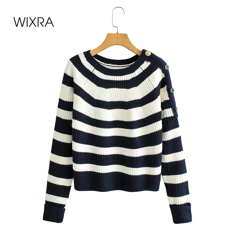 

Wixra Womens Sweaters Elegant O Neck Autumn Winter Striped Pullovers Tops Casual Femme Stretchy Jumpers