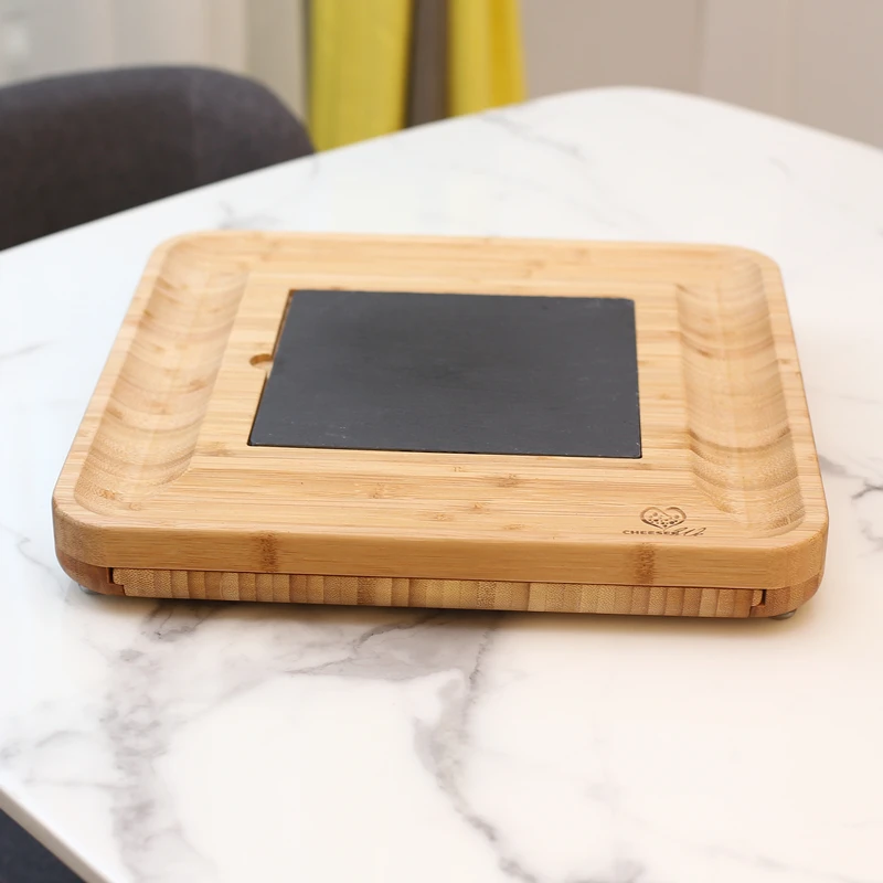 

Natural Bamboo Cheese Board Cutlery Knife Set With Slide Out Drawer Wooden Plate 3 Small Cutting Knives Cheese Tool Set