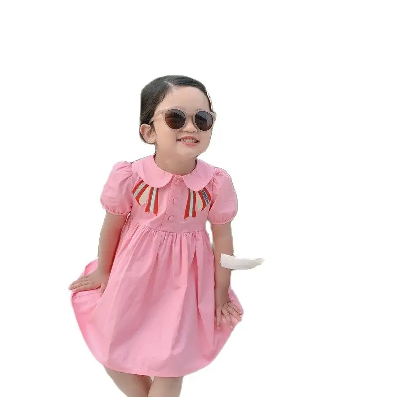 Girl Doll Collar College Dress Princess 2019 Summer Short Sleeve Bowtie Pattern Dresses Children Puff Causal Kids | Детская одежда и