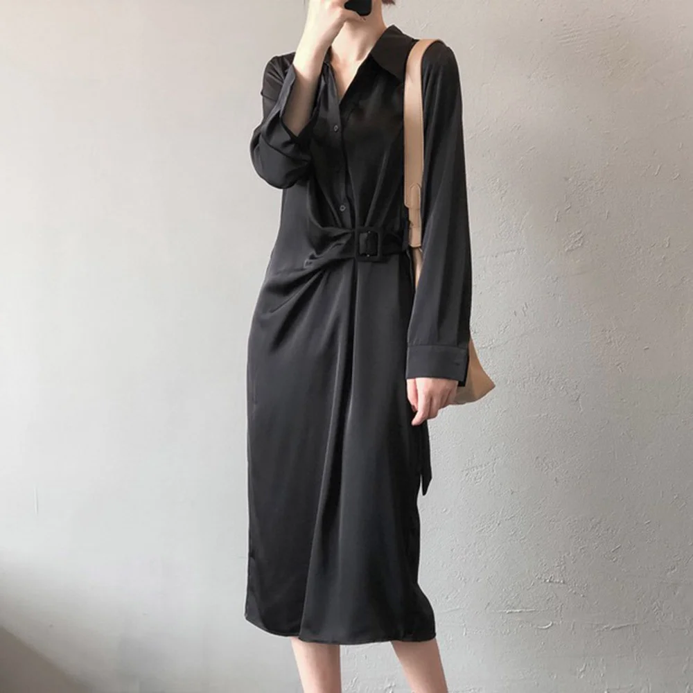 

Korean Fashion Design Womens Dress Autumn New 2021 Temperament Satin Lacing Lapel Long Sleeve Casual Women Dress