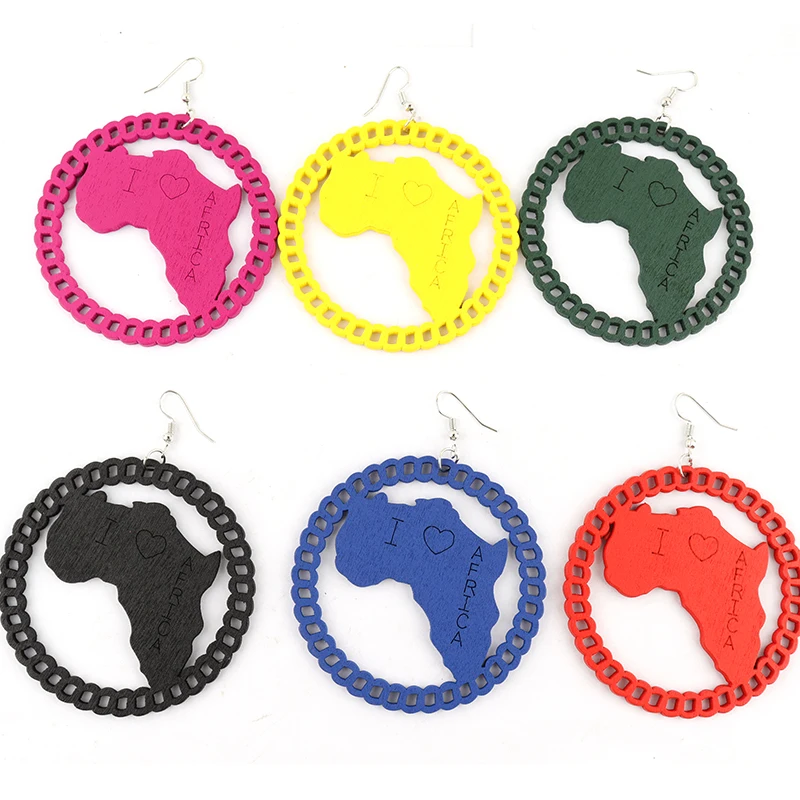 

Free shipping!!2022 Colorful Round I love Africa Wooden Earrings can mixed colors