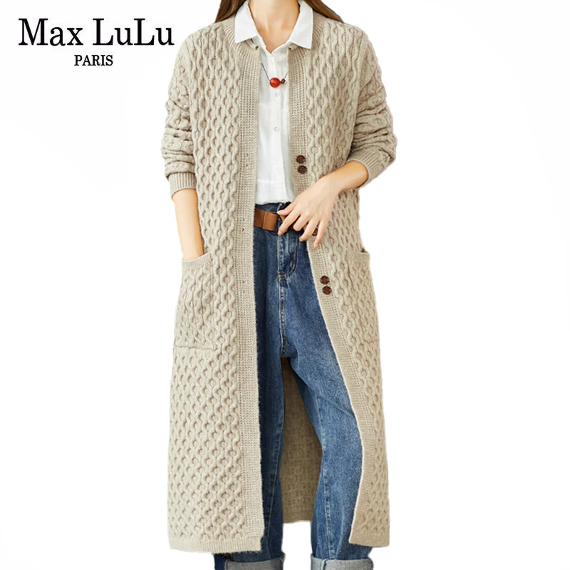 

Женский длинный кардиган с V-образным вырезом Max LuLu, бежевый вязаный свитер в Корейском стиле для осени и зимы, 2021