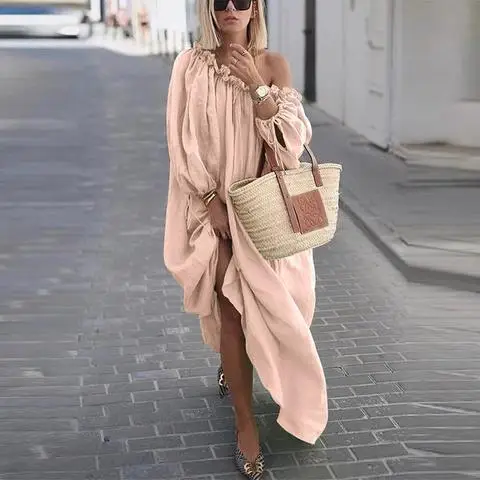 Женское длинное платье-макси с вырезом лодочкой повседневное пляжное платье в