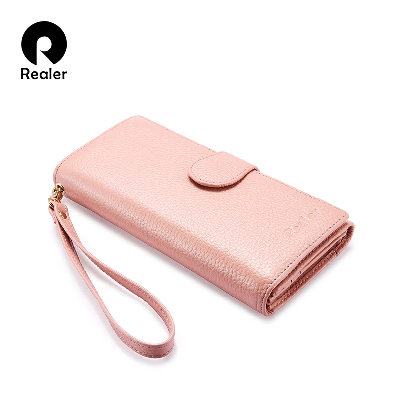 REALER Женский Длинный кошелек из натуральной кожи с ремешком на руку карман для