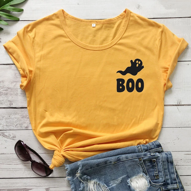 

Boo Ghost Pocket T-shirt Funny Women Crewneck Halloween Holiday Party Tshirt Cute Graphic Pure Cotton Hipster Grunge Tees Tops