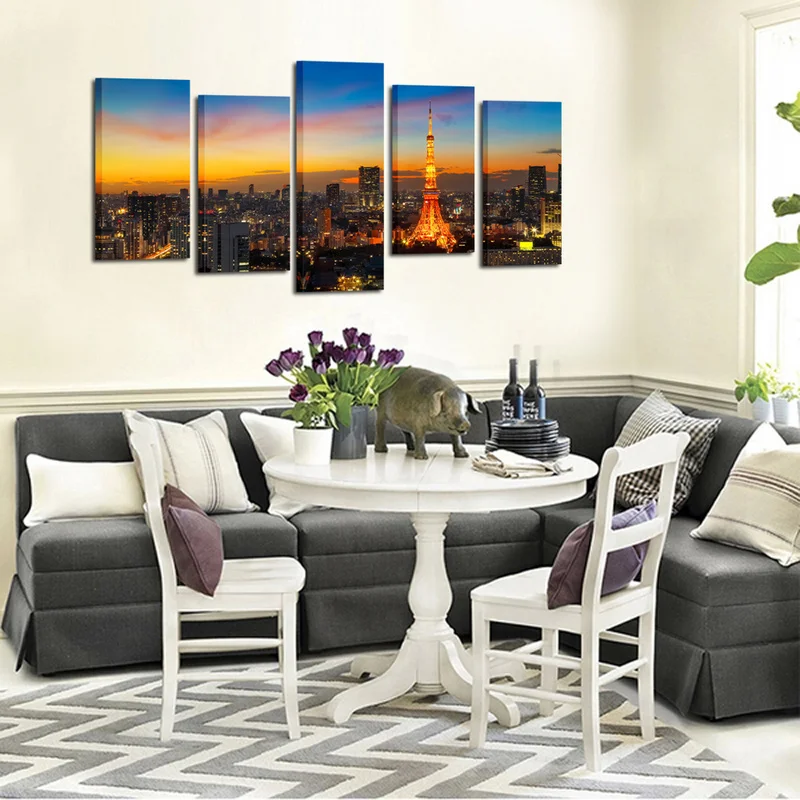 

5 Pieces Canvas Posters and Prints Bedroom Paris City Night View Print Home Decor Poster HD Painting for Room Decoration