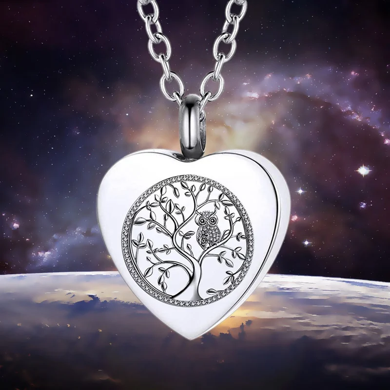 Tree Of Life Owl Necklace Stainless Stee Classic Heart Shape Cremation Urn Ashes Pendant Necklace For Women Jewelry Gifts