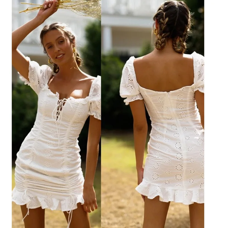 

2021 Summer Women Sexy Drawstring Bodycon Dresses Short Sleeve Slash Neck Back Hollow Out Zipper Ruffles Casual Dress