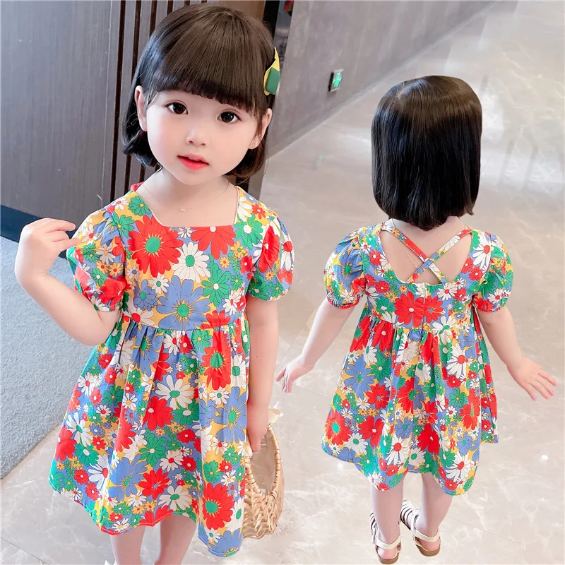 

Lucashy Summer Baby Girls Lovely Big Flower Print Dress Children Western Style Princess Dress Casual Kids Clothings Outfit