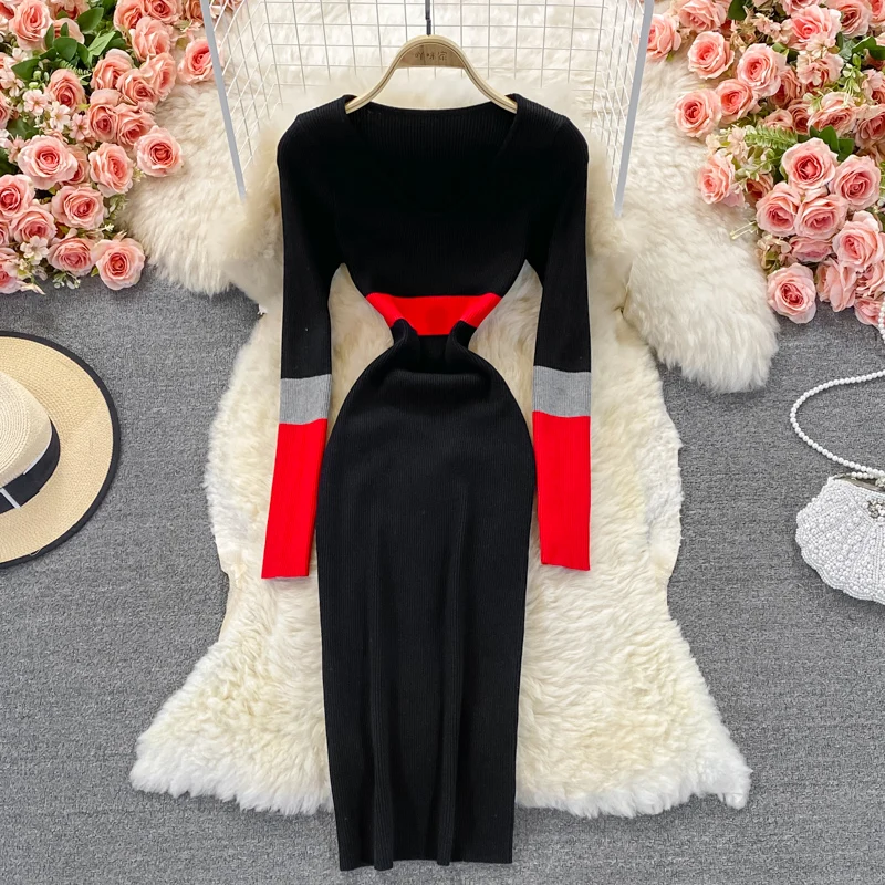 Fashion Patchwork Maxi Dresses Long Sleeve Knitted Sweater Robe Winter V Neck High Waist Elegant Slim Casual Midi Rib Vestidos | Женская