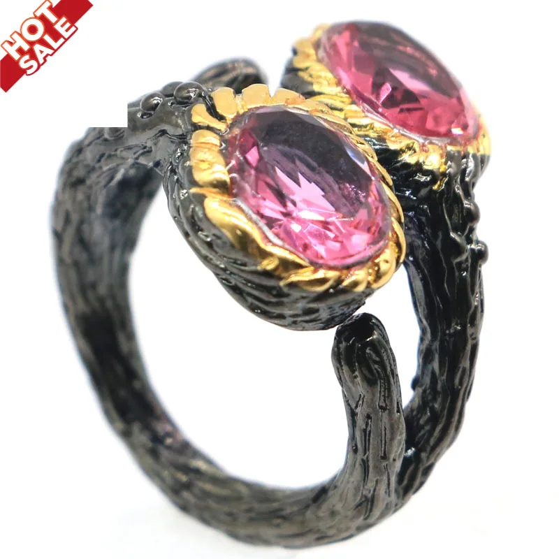 

21x13mm Sublime Antique Vintage Created Pink Tourmaline Gift For Ladies Black Gold Silver Rings