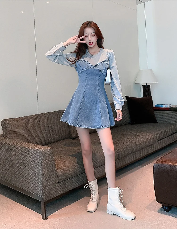 

Женское джинсовое платье с ушками, повседневное платье в западном стиле с рукавами-фонариками на раннюю осень