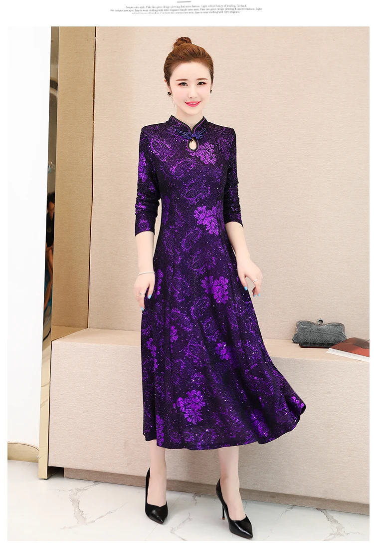 Осень Зима Новое поступление размера плюс M-3XL Ретро Cheongsam стоячий воротник жаккард длинный рукав женское длинное платье