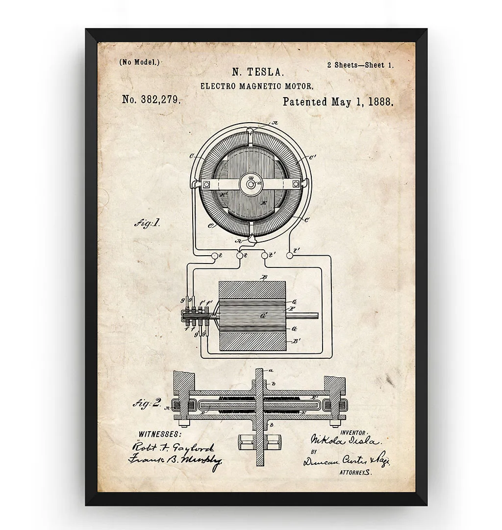 Винтажный Электрический магнитный мотор Тесла 1888 патентный настенный инженер