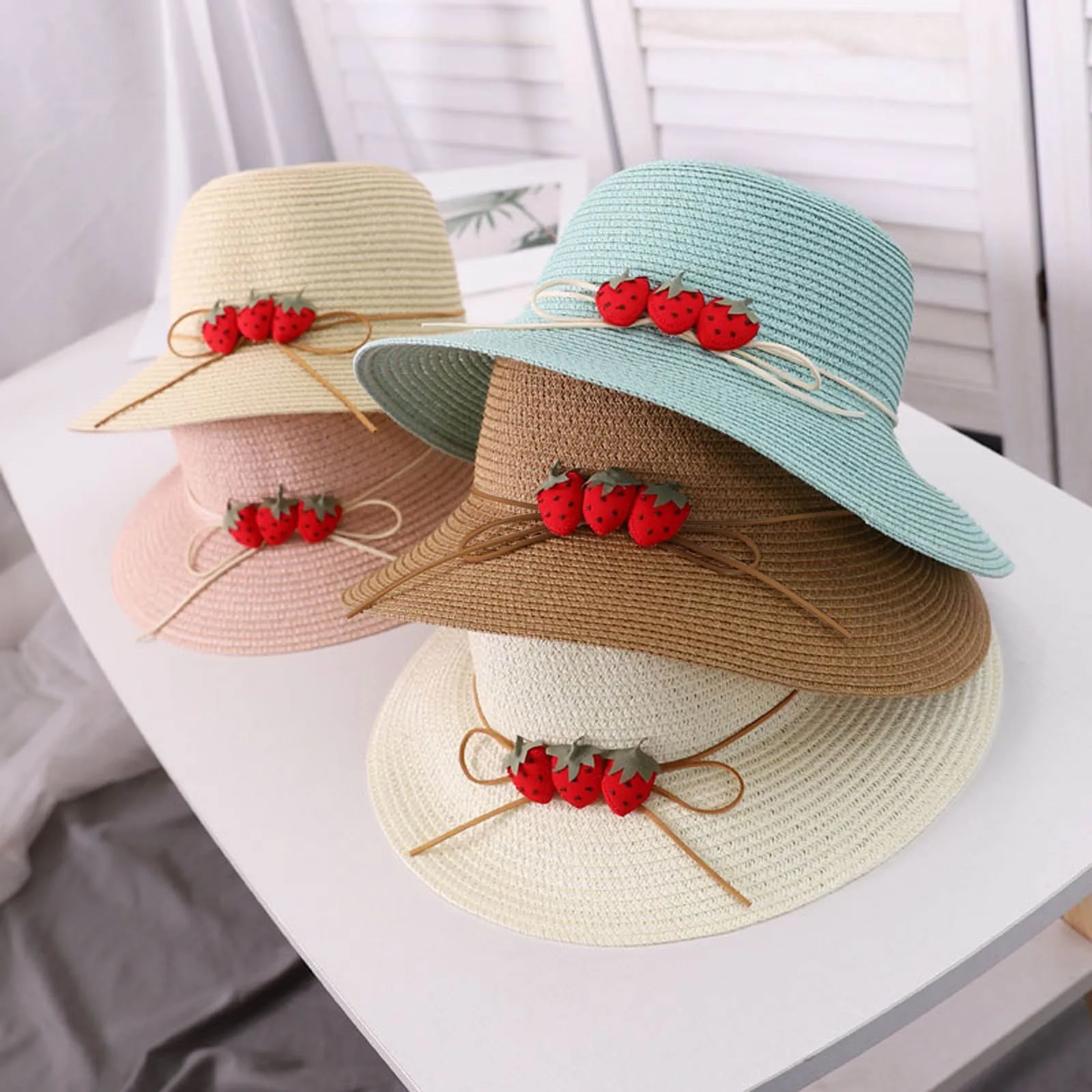 

Women Wide Brims Sun Hat Summer Shading Beach Straw Cap Outdoor Solid Color Beautiful Strawberry bow dome Hat