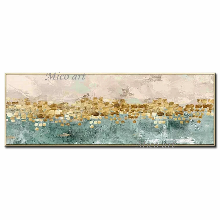

Длинная 100% абстрактная картина маслом и современная Золотая зеленая холст ручной работы пейзаж картины для гостиной спальни украшение