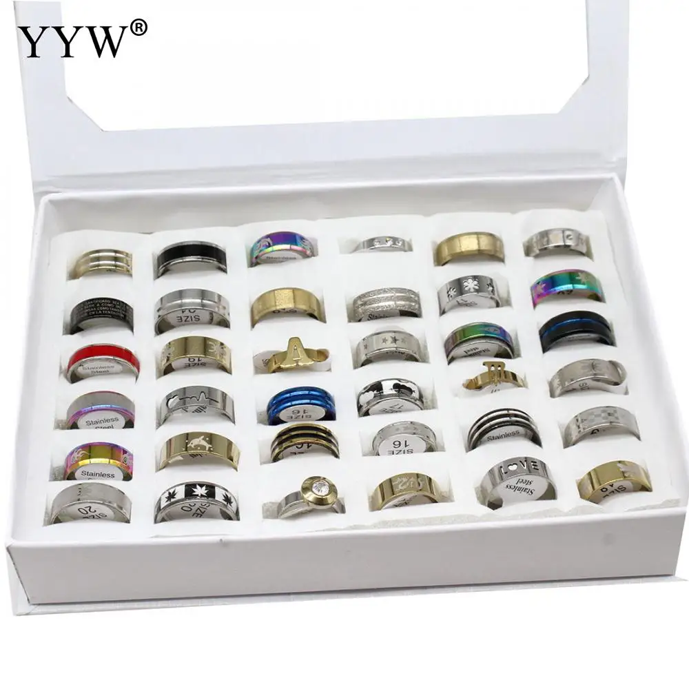 

36pcs 12mm Stainless Steel Finger Rings Unisex Mixed Colors Figure Round Ring Set Punk Hip Hop Style Wholesale Men Women Jewelry