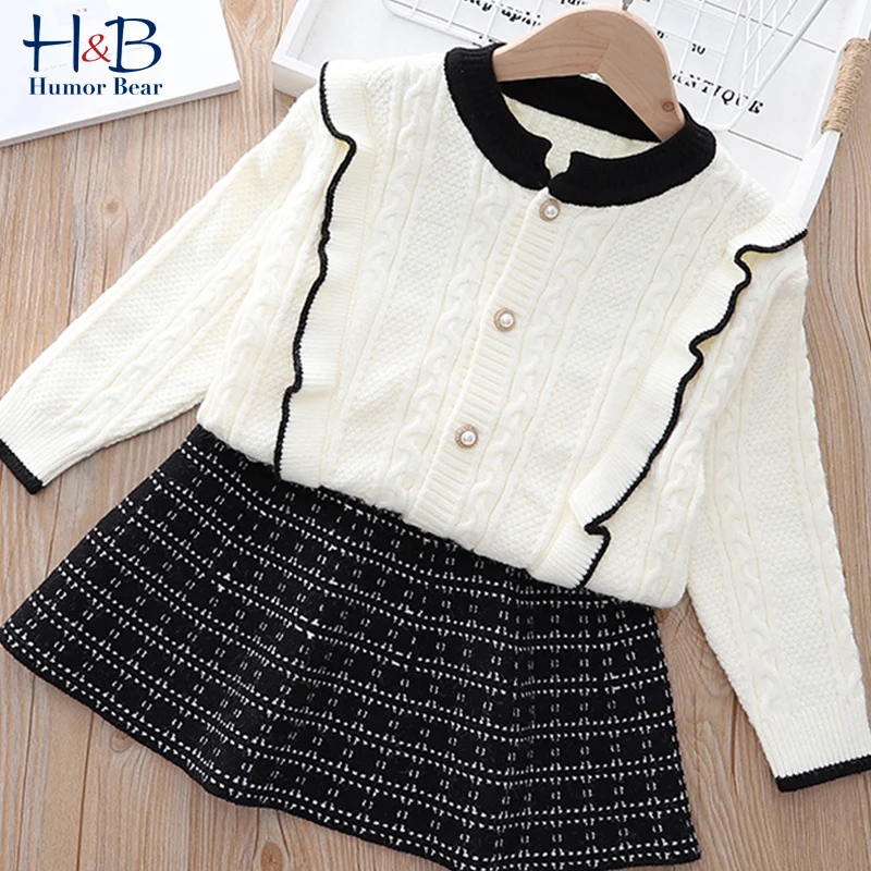 

Humor Bear Girls Clothes Set Spring Autumn New Long- Sleeve Knitted Cardigan+ Skirt 2PCS Toddler Kids Clothes
