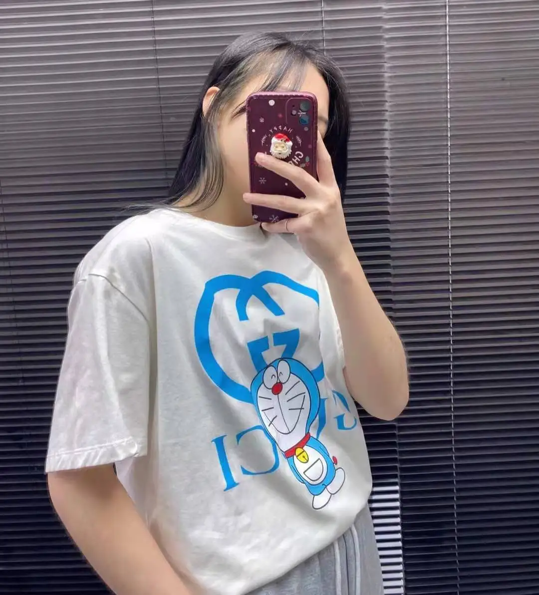 

2021s new popular logo Doraemon lovers half sleeve loose casual T shirt for men and women with summer 100% cotton short sleeves