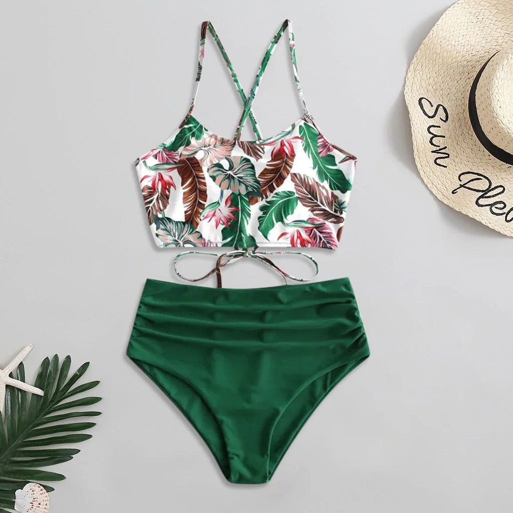

Women's Sexy Bikini Swimsuit Ladies Tube Top Strap Print Split Conservative Bikini Push-up Beachwear Swimwear Swimwear New