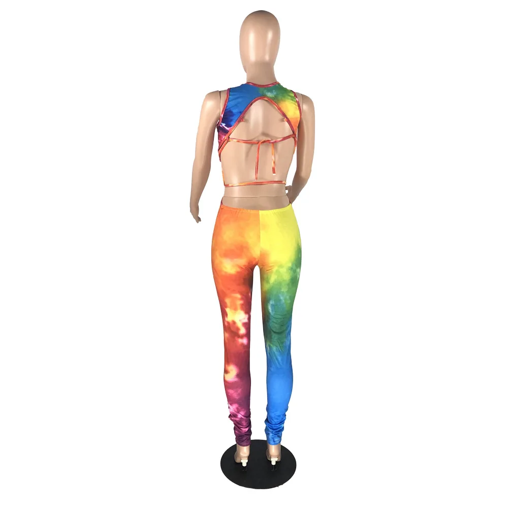 

Wholesale tie dye print high street fashion women jumpsuit and rompers sleeveless hollow out bodycon one piece playsuit