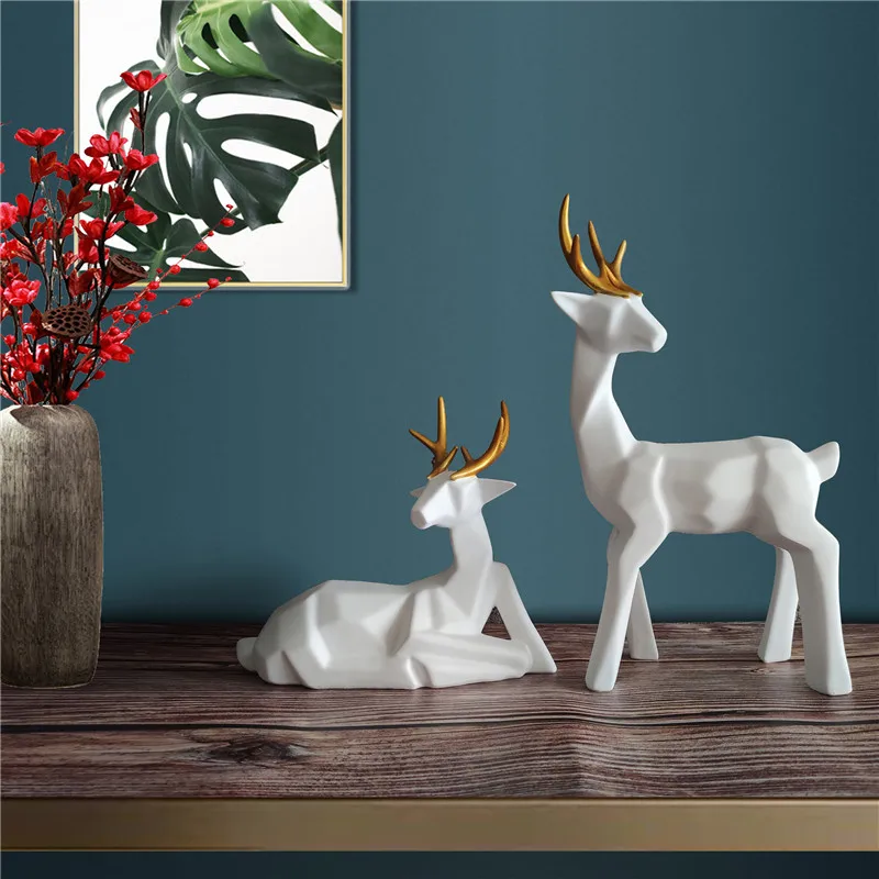 

[HHT] Nordic Home Decorations Geometric Pair Deer Sculpture Ornaments Resin Crafts Office Desk Wine TV Cabinet Elk Furnishings