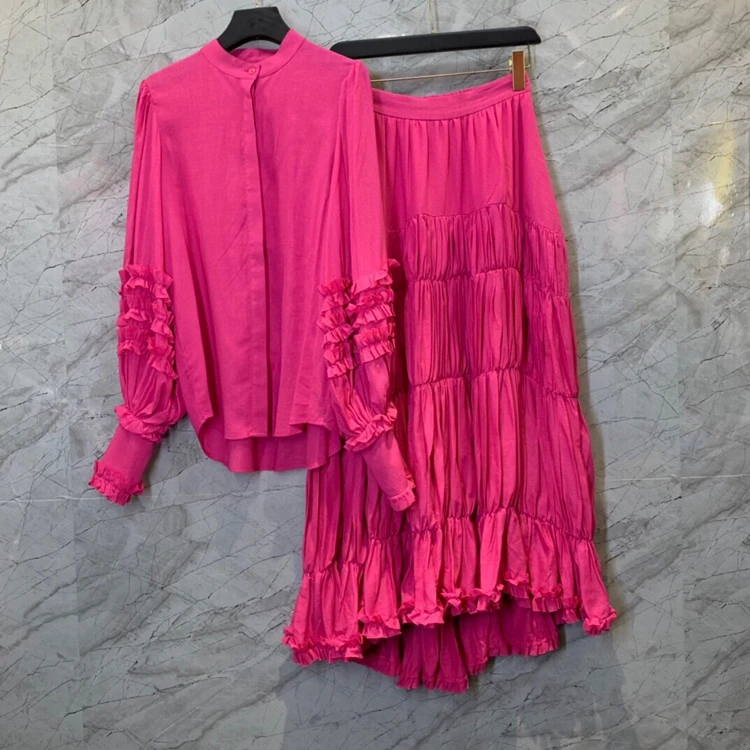 

2021 new women fashion round neck sleeves wooden ear stitching top + elastic waist half skirt suit 1204