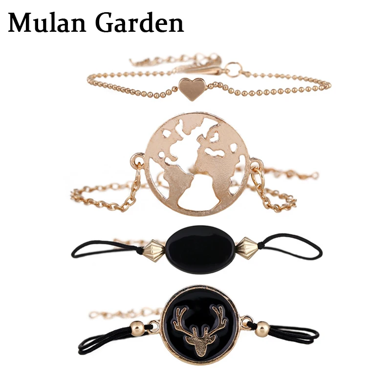 

M&G Boho Fashion Gold Metal Charm Bracelets for Women Antlers Map Gold Beads Heart Multilayer Bracelet Bangle Set Jewelry 2019