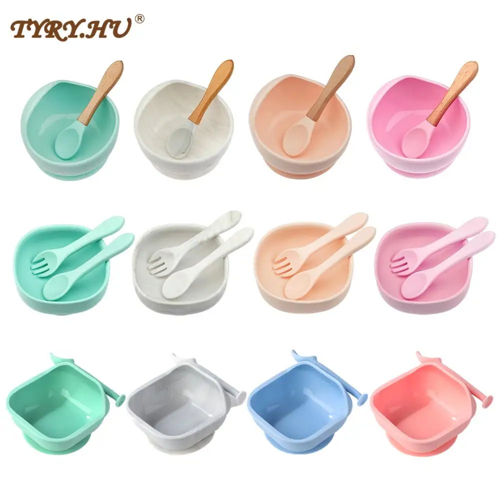 

TYRY.HU 18colors Silicone Baby Feeding Bowl Tableware Waterproof Spoon Non-Slip Crockery BPA Free Silicone Dishes for Baby Plate