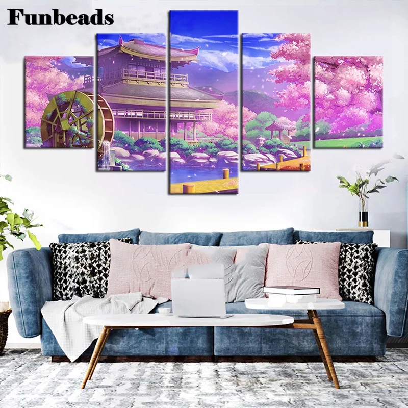 

5PCS 5D Diy Diamond Painting Japanese cherry blossom lake house landscape Embroidery Rhinestone full Round/Square drill FF4315