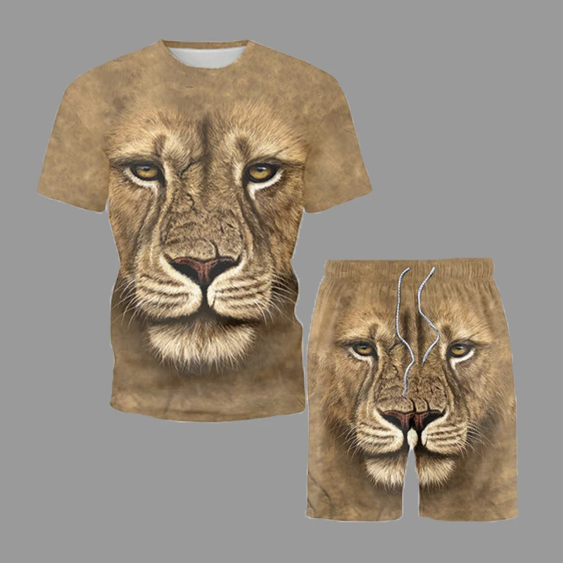 Summer T-Shirt and Shorts 2 Packs Lion Printed Men's Sets New Fashion Tops Short Sleeve Set Soft Comfortable Tracksuits Suit 5XL