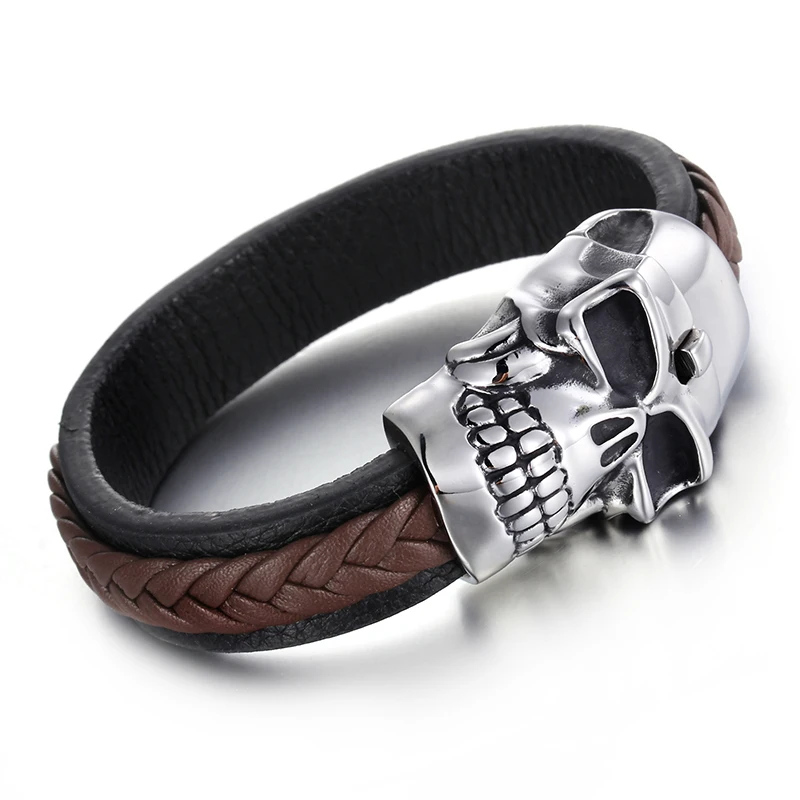 Мужской кожаный плетеный браслет в стиле панк огромный из нержавеющей стали с