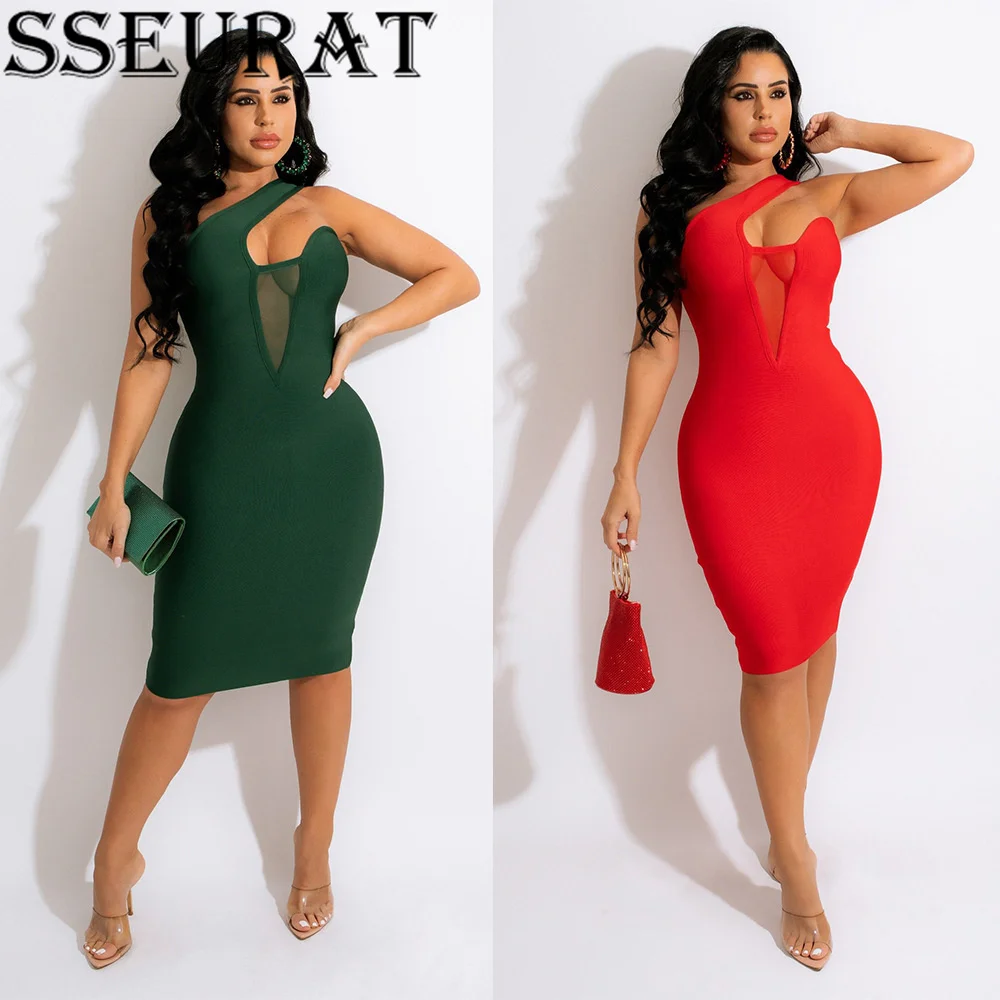 

SSEURAT Women Mesh Patchwork Cut Out Shoulder Skew Neck Bodycon Midi Dress Sexy Party Club Night Sleeveless Dresses