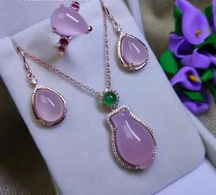 

silver rose gold pink chalcedony ring agate jade earring pendant ring set vase rhinestone Zircon crystal gem Jewellery