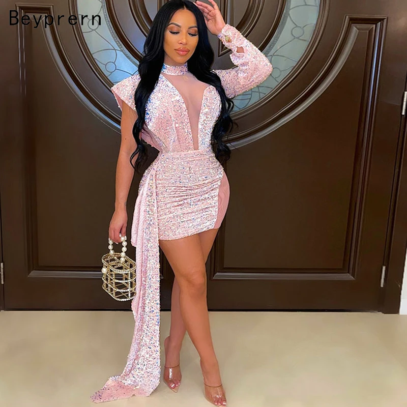

Kricesseen Sexy Glitter Sequined Contrast Mesh Mini Dress New Women One Sleeve High Neck Skinny Bodycon Party Clubwear Dress