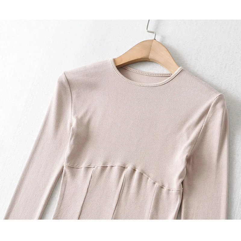 

Vintage Spring Round Neck Long Sleeves Women's Three-Dimensional Slim Stretch Solid Color Short T-Shirt Chic Female Tops